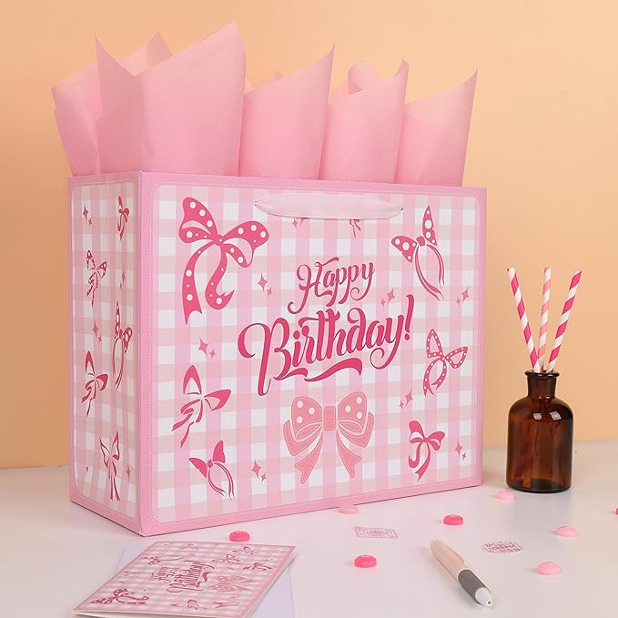 Qirrmiy 13'' Large Birthday Gift Bag Set with Handles, Greeting Card, Purple Tissue Papers and Stickers for Girls Women Kids Teens for Birthday Party, girl's Party, Baby, Bow Design, 1 Pcs