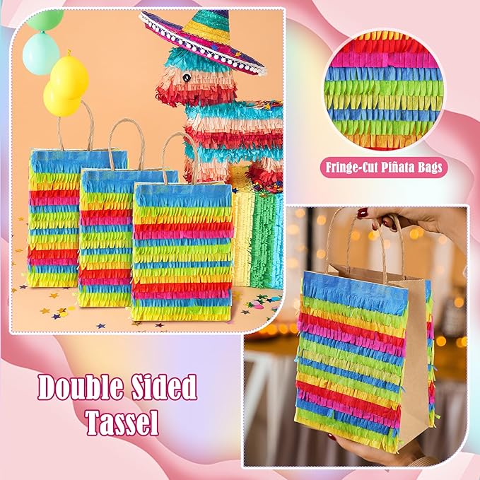 Geyoga 24 Pcs Fiesta Favor Bags Fringe-cut Piñata Mexican Fiesta Paper wrapping with Handles Mexican Party Favor Goodie Treat Bags for Mexico Summer Birthday Party Supplies