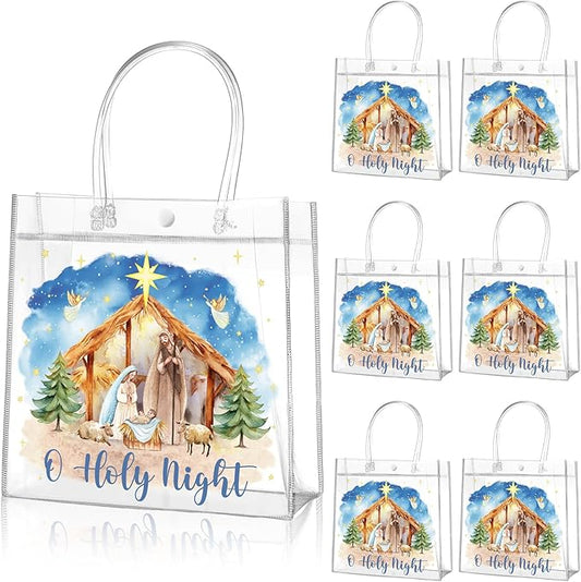 Aliceset 20 Pcs Christmas Nativity Gift Bags with Handles Clear Christian Christmas Goodie Bags Watercolor Holy Night Jesus Wrapping for Christian Holiday Decoration Religious Presents Wrapping