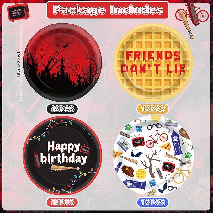 48Pcs Spooky Rustic Alphabet Party Supplies 7In Spooky Forest Birthday Paper Plates Disposable Retro Light Bulbs Pancake Dessert Plate Tableware for Halloween Horror 80s Birthday Decorations Favor