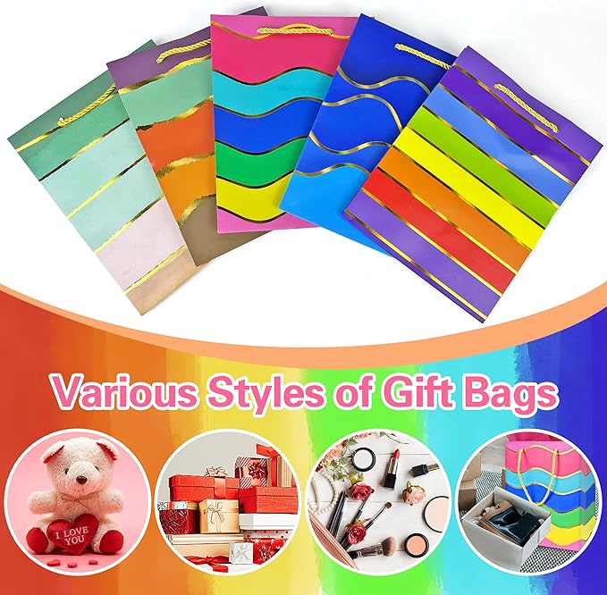 MUMULULU 5 Pack Paper Gift Bags with Handle and Tissue Paper Birthday Gift Bags Rainbow Bag for Birthday Party Baby Shower Wedding Holiday Presents