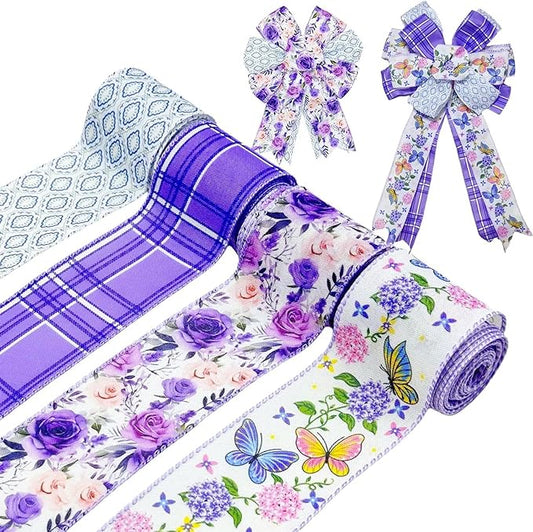 Spring Floral Wired Edge Ribbon, 2.5 Inch Wide Purple Rose Butterfly Burlap Ribbon, 4 Rolls for Mother's Day Summer Wreath Bow Making DIY Crafts Birthday Wedding Wrapping Party Decor Supplies (Purple)