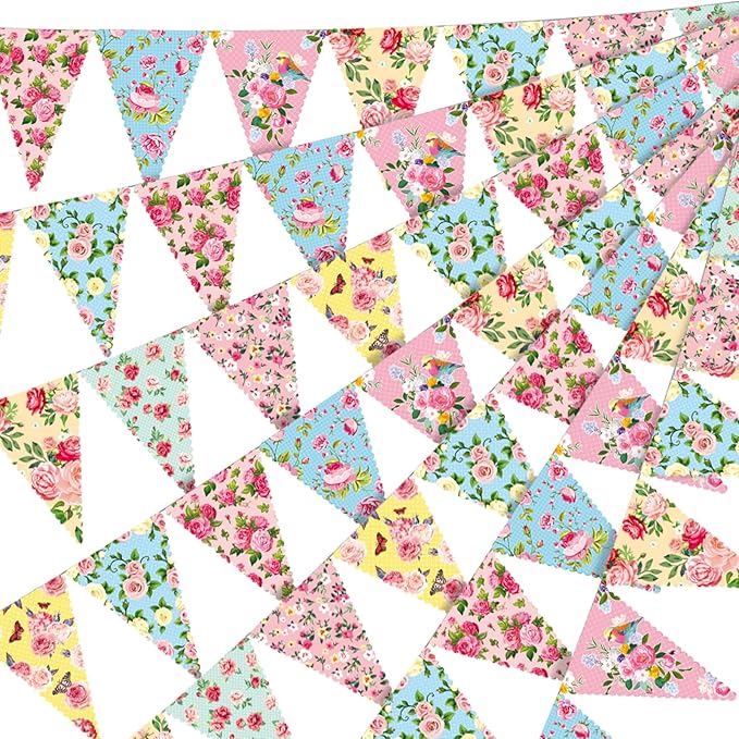 Faccito 49 Ft 60 Pcs Tea Floral Party Paper Bunting Decor Outdoor Bunting Banner Floral Pennant Wildflower Garland Tea Party Birthday Supplies for Wonderland Garden Baby Shower Bridal Wedding Bedroom