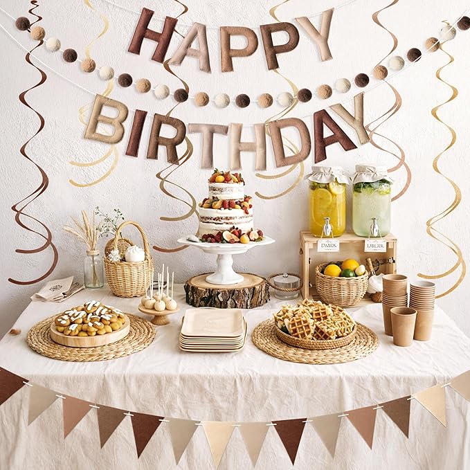 Kriyokiaa Pre-Strung Felt Happy Birthday Banner Retro Brown Happy Birthday Party Decorations with Pom Pom Garland, Flag and Hanging Swrils for Women Men Boys Girls Party Decor