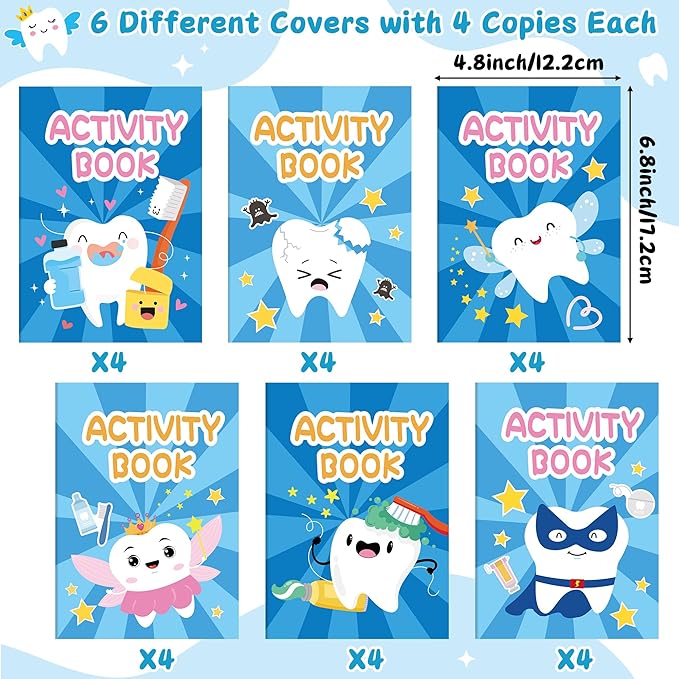 Tooth Activity Books for Kids - 24Pcs Cute Tooth Fairy Mini Games Coloring Book Set Bulk Cartoon Novelty Teeth Themed Mazes Word Search Word Scramble Games for Classroom DIY Art Gifts Party Favors