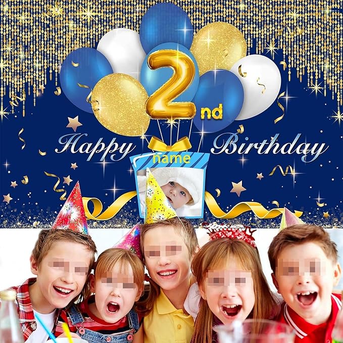 Dicodes Custom Navy Blue and Silver Theme Birthday Banner for Party Happy Birthday Backdrop Decoration Personalized with Name and Photo