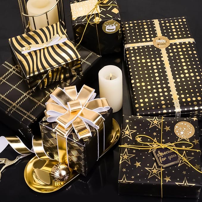 Larcenciel Christmas Gift Wrapping Paper Set, 6 Sheets Metallic Black Gold Foil Wrapping Paper w/Gift Tag & Sticker, Glitter Star Polka Dot Gift Wrap for Birthday Graduation Anniversary,27.5x19.6in