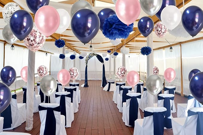 Navy Blue and Chrome Silver Balloons Rose Gold confetti Party Balloons for Graduation Bachelorette Gender Reveal Birthday Decorations