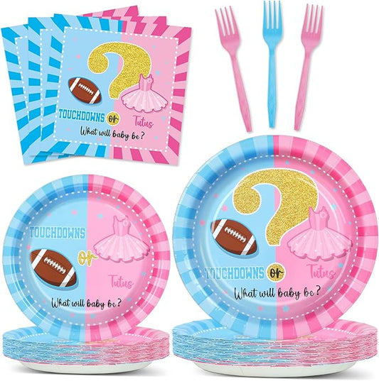 96Pcs Gender Reveal Party Supplies Touchdown or Tutus Gender Reveal Paper Plates Napkins Ballet or Football Gender Reveal Party Decorations Favors for Boy or Girl Baby Shower Tableware Serves 24