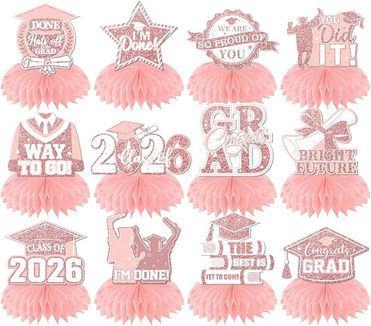 12pcs Graduation Table Decorations 2026,Pink Rose Gold Graduation Decorations Graduation Centerpieces for Tables Class of 2026 Centerpieces Honeycomb for 2026 Congrats Grad Table Decor (Pink)