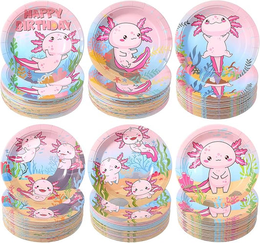 Gerrii 60 Pcs 7 Inch Axolotl Birthday Party Paper Plates Pink Axolotl Decorations Disposable Dinner Plates Reptile Animal Party Decorations Favors for Pink-axolotl Birthday Baby Shower Supplies