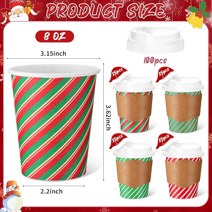 Mimorou 100 Pcs 8oz Fall Plaid Disposable Coffee Cups with Lids and Sleeves Autumn Thanksgiving Coffee Paper Cups for Cold Hot Drinks Fall Thanksgiving Party Supplies (Striped Style)