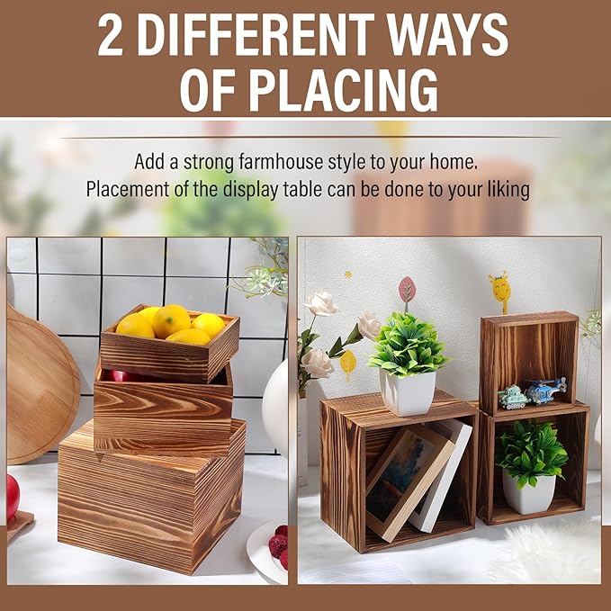 Barydat 3 Pcs Vintage Brown Wood Cake Stand Rustic Wooden Display Risers for Party Display Square Stackable Display Box for Dessert Appetizer Storage Organizer Engagement Reception Wedding Party