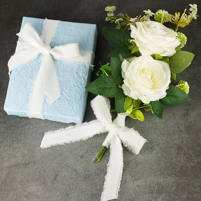 White Cotton Ribbon 5/8 Inch White 3 Rolls 21 Yards Frayed Edge Fabric Set for Wedding Invitations, Bridal Bouquet Wrap, Baby Shower, Christening & Gift Wrapping