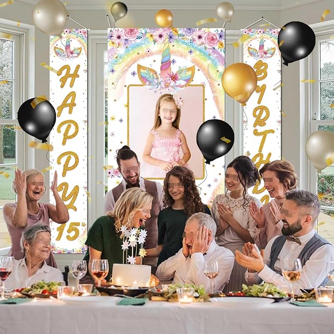 Custom Photo Birthday Banner Set Personalized Door Banners Polyster Backdrop Party Decorations Supplies Background for Birthday Newborn Baby Shower Celebration(Unicorn)