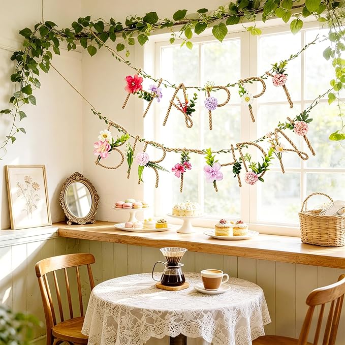 SUNBEAUTY 2 Pcs Wildflower Birthday Party Decorations 13.2FT Sturdy Hemp Rope Metal Happy Birthday Banner Handmade Hanging Banner 3D Garland Garden Tea Party Floral Decorations for Girls Women Baby