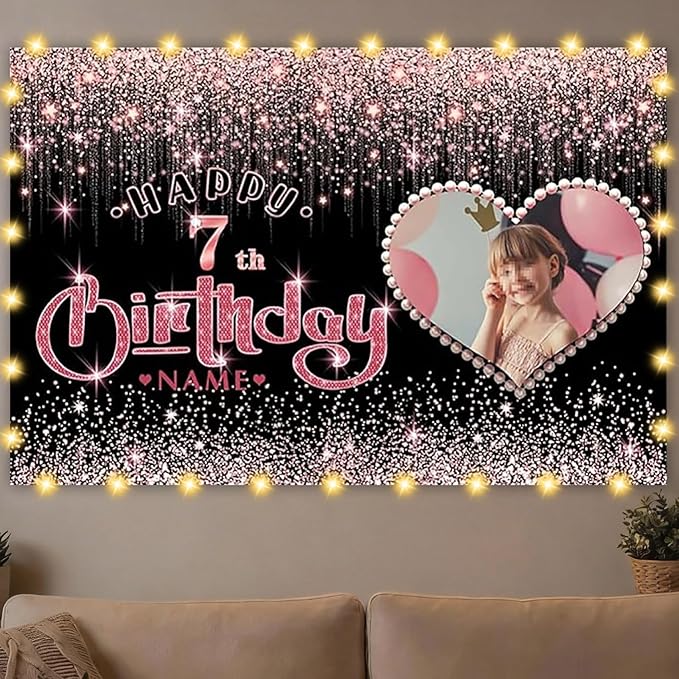 Dicodes Customizable Rose Gold Happy Birthday Decoration Banner - Personalization Large Sizes Photo Background - Supports Custom Photos and Names