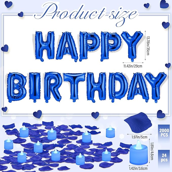 Blue Happy Birthday Balloons Decorations Happy Birthday Letter Balloons Banner Set with 24pcs Round Flameless LED Candles and 2000pcs Artificial Rose Petals for Women Men Room Party Decor