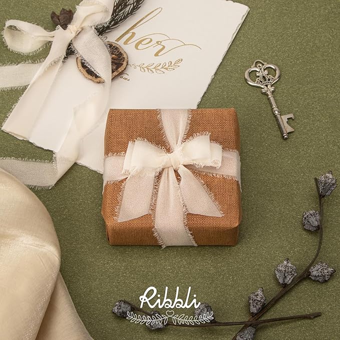 Ribbli Cream White Ribbon 1 Inch x 3 Rolls Total 24 Yards Cream Handmade Fringe Chiffon Silk Ribbon for Wrapping Wedding Invitations Bridal Bouquets DIY Crafts Home Decor