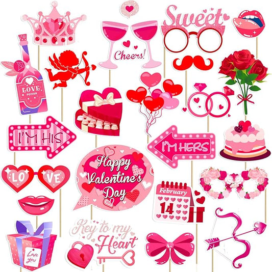 Happy Valentine's Day Photo Booth Props Kit, 24 PCS Selfie Photo Booth Accessories with “Happy Valentine’s Day” Signs, Cute Heart Themed Party Decorations for Valentine’s Party Favors（Red）