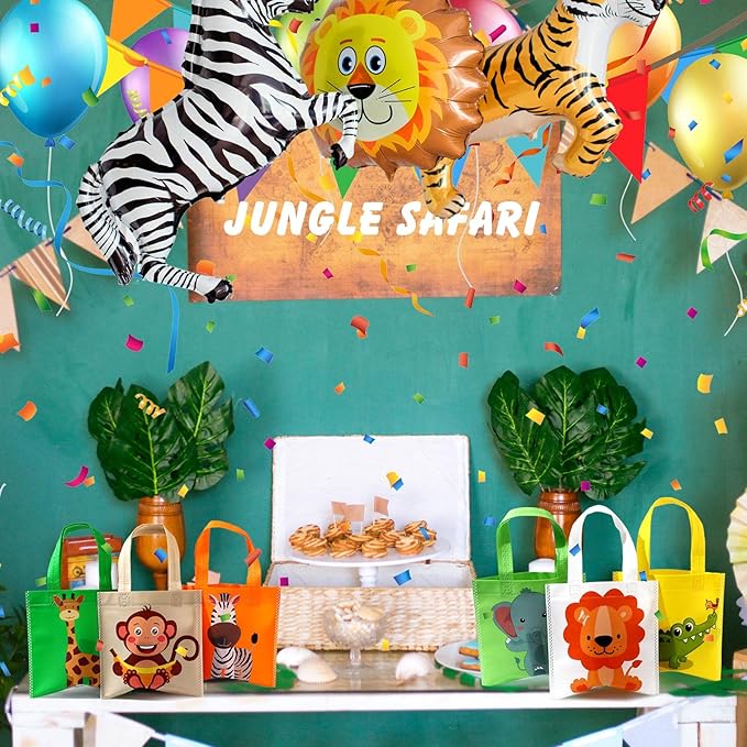 Tallew 24 Pack Safari Favor Bags with Handle Non Woven Jungle Animal Treat Goody Bags Lion Tiger Elephant Monkey Crocodile Giraffe Safari Birthday for Kids Party Baby Shower Decorations Supplies