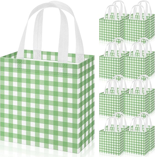 Sweetude 16 Pcs Green White Checkered Gift Bags with Handles Gingham Green and White Party Favors Non-woven Reusable Tote for Women Wedding Birthday Baby Shower Mother's Day Party Decorations