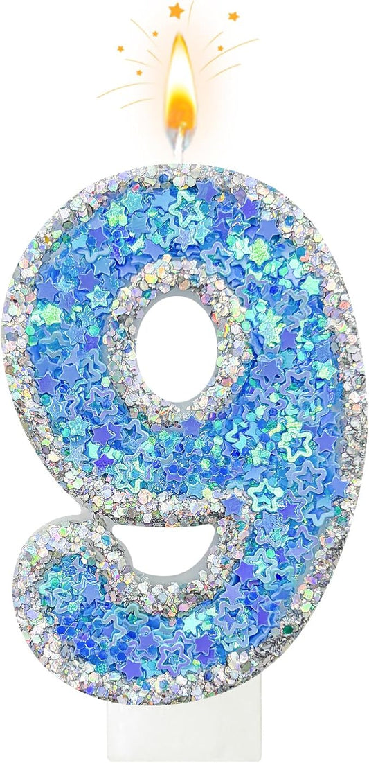 Blue Star Number 9 Candle for Cake Decoration, Glitter Star Cake Topper, Shaker Style Number Candle for Anniversary Celebration Party Supplies