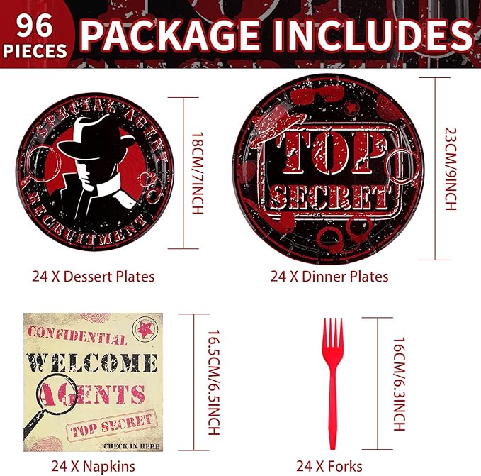 96 Pcs Top Secret Party Supplies 350 GSM Disposable Secret Agent Spy Detective Plates Napkins Forks Tableware Set Spy Party Decorations for Boys Kids Birthday Party Escape Room Party Favors Serves 24