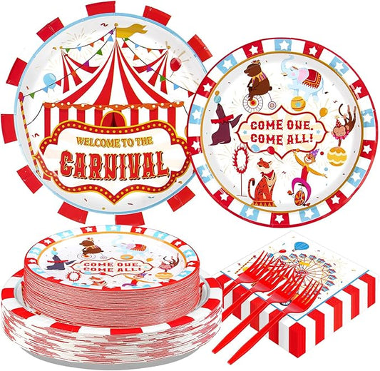 Grencian 200Pcs Carnival Party Decorations Carnival Circus Plates and Napkins Disposable Circus Theme Paper Tableware Set for Birthday Baby Shower Fiesta Party Supplies, Serves 50