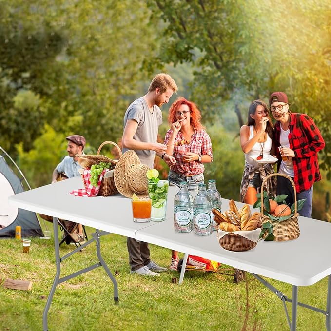 Folding Table 6ft, Portable Fold-in-Half Utility Table with Cloth for Party, Camping, Picnic, Banquet, Card, Wedding, Kitchen, BBQ - White