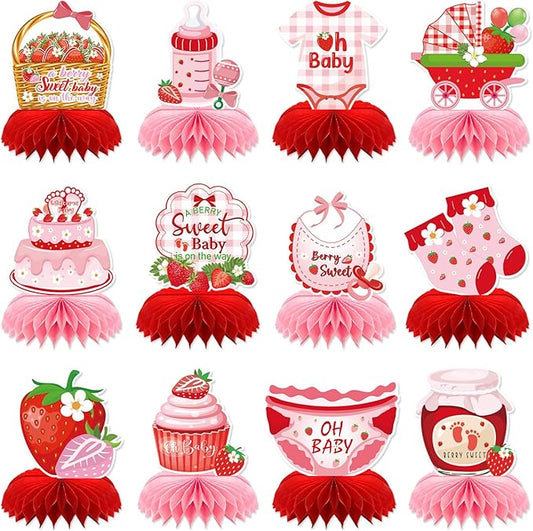 Strawberry Baby Shower Decorations, 12PCS Berry Sweet Honeycomb Centerpieces Decoration A Berry Sweet Baby Is on the Way Party Table Decor Supplies