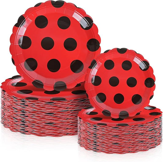 50 Pcs Scalloped Ladybug Plates 7 & 9 Inch Party Paper Plates, Ladybug Theme Party Decorations Disposable Cute Red Black Dot Tableware Set for Dinner Dessert Picnic Birthday Wedding