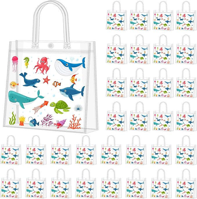 Supervitae 36 Pcs Sea Animal Clear Favor Bags with Handle Reusable Plastic PVC Gift Bag Goodies Treats Wrap Totes for Birthday Wedding Graduation Party Supplies, 8 x 8 x 3.15 Inch