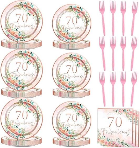 OBUSATT 96Pcs Floral 70 Fabulous Party Supplies 70th Birthday Paper Plates Napkins Rose Gold Party Decorations 70 Years Dinnerware Party Favor Women 70th Tableware Serves 24