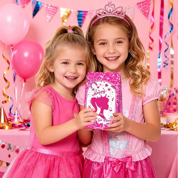 We1stdsee 24 Pack Pink Girl-Themed Party Goodie Bags with Sealing Stickers, Candy Treat Party Favor Bags for Kids Girls Birthday Party Decorations Supplies