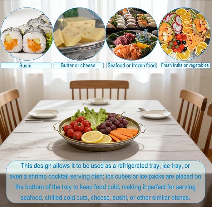 Golden Chilled Serving Tray for Parties 11.8" Compartments Ice Bowl Keeps Food Fruit Dish Cold Platter for Vegetable Seafood Shrimp Cocktail Appetizer Oysters Cheese