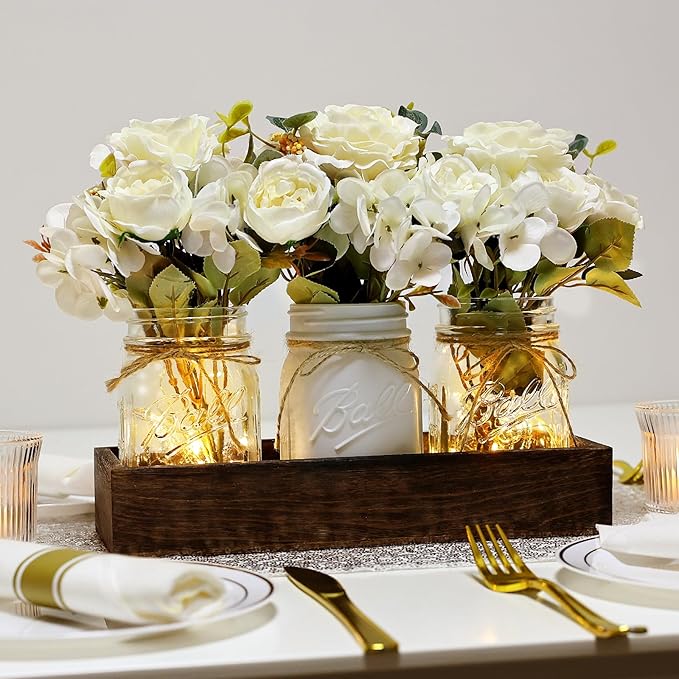 Mason Jar Centerpiece Table Decor for Dining Room Farmhouse Coffee Table Decor with Wood Tray Fairy Lights Fake Flowers for Valentine's Day Kitchen Living Dining Room - White