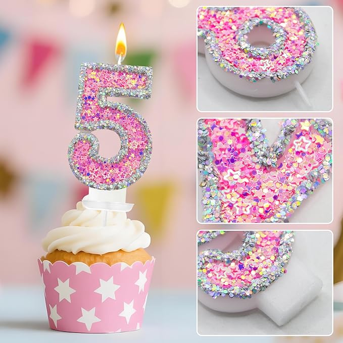 Number 5 Birthday Candle for Cake – Silver Glitter Edge with Pink Star Confetti – Decorative Number Cake Topper for Anniversary & Celebration Party Decor