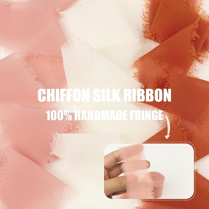 Terracotta Chiffon Ribbon 1.5 Inch x 21Yds Handmade Fringe Chiffon Silk Ribbon Dusty Pink/Cream Frayed Chiffon Ribbon for Thanksgiving Wedding Invitation Flower Bouquets Bridal Shower Gift Wrapping