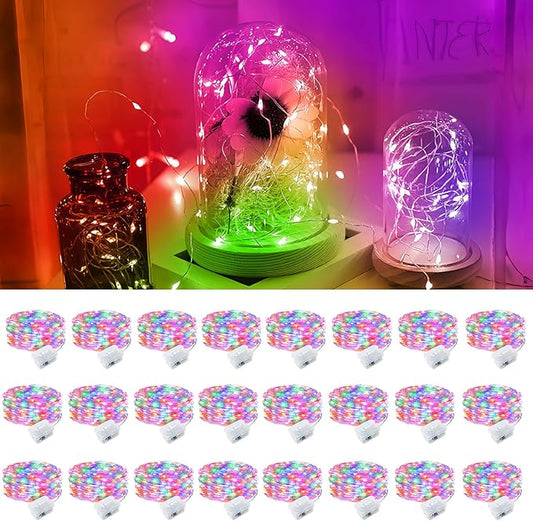pozzolanas 24 Pack Multi-Colored Fairy Lights Battery Operated 3 Modes 7FT 20 LED Waterproof String Lights Twinkle Silver Wire for Mason Jars Wedding Christmas Halloween Party Decor (24,Multi-Colored)