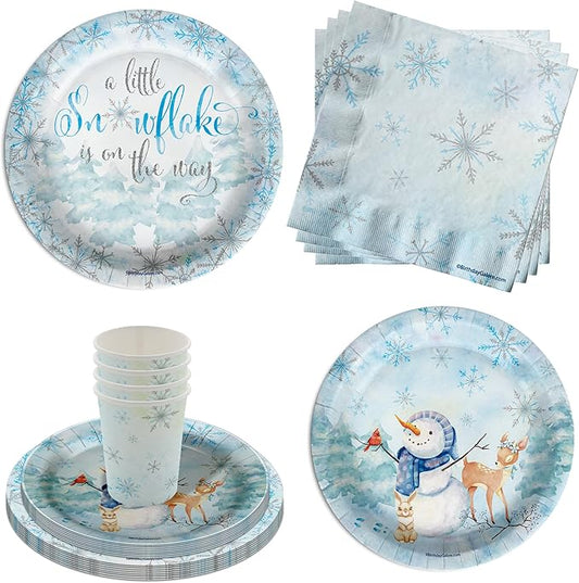 A Little Snowflake is On The Way Boy's Baby Shower Party Supplies - 64 Piece Winter Baby Shower Tableware Set Includes Large 9" Dinner Plates and 8" Dessert Paper Plates Napkins Cups - Kit for 16
