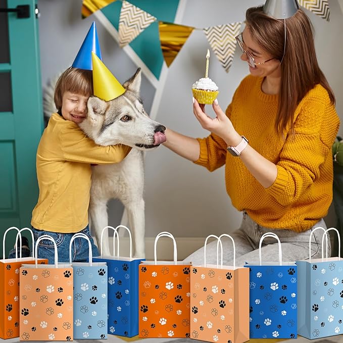 Kolldenn 24 Pcs Small Dog Party Favors Puppy Paw Print Gift Bags with Handles Small Gift Paper Bags Puppy Print Treat Goodie Shopping Handbags for Dog Birthday Party Favor Supplies