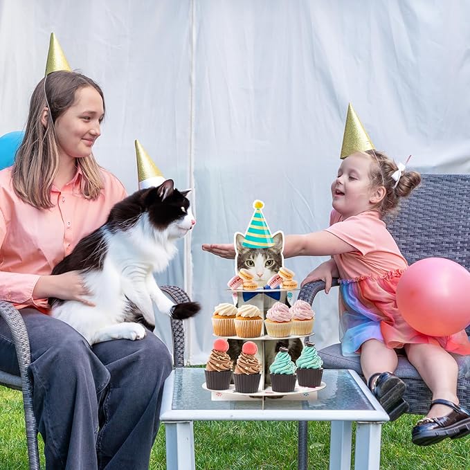 Haooryx Cute Cat Cupcake Stand - 3 Tier American Shorthair Cat Cupcake Tower Cardboard Dessert Holder Cake Stand Serving Tray for Cat Theme Party Table Decor Pet Lovers Kids Birthday Party Supplies