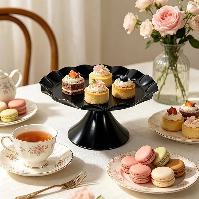 3 Pcs Metal Cake Stand Set, Scalloped Edge Cupcake Tray Dessert Display Platter, Decorative Serving Stand for Wedding, Birthday, Tea Party,Baby Show (Black)
