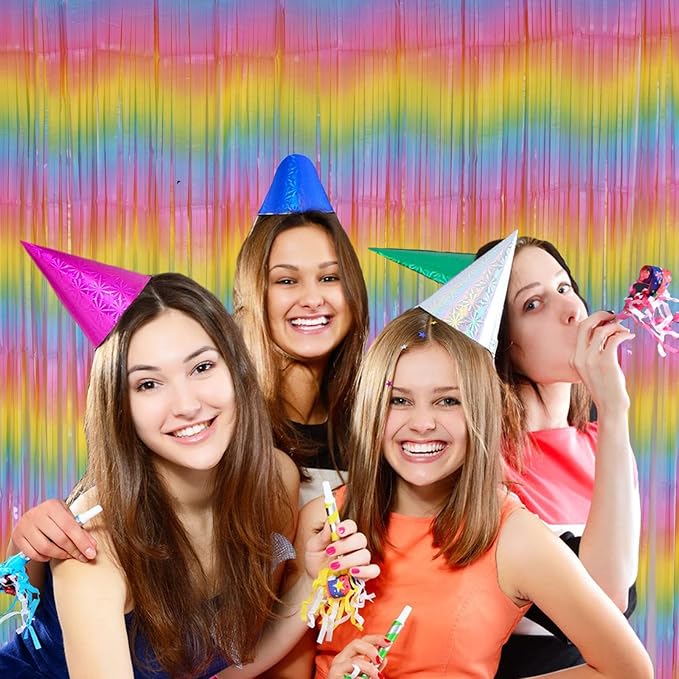 PIGETALE Pastel Rainbow Foil Fringe Curtains, 2Pcs 3.2x8.2ft Metallic Tinsel Foil Streamers Colourful Photo Booths Props Backdrop for Easter Princess Birthday Wedding Engagement Party Decorations