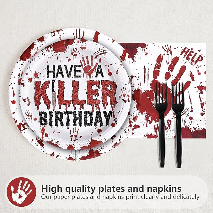 Grencian 96Pcs Killer Happy 13th Birthday Party Supplies Red and Black Bloody Hand Themed Paper Plates and Napkins Horror Tableware for Boy Girl 13th Stranger Birthday Party Decorations Serve 24