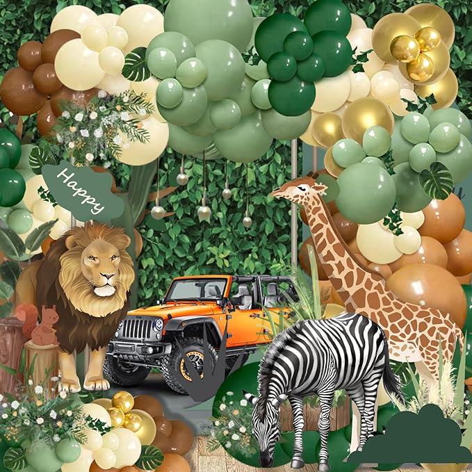 142pcs Jungle Safari Wild One Balloon Arch Kit, Sage Green and Brown Balloon Garland with Palm Leaves for Woodland Tropical Shower Birthday Jungle Party Decoration