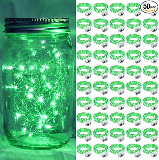 50 Pack Green Fairy Lights 7Ft 20 LED Twinkle String Lights 3 Modes Battery Operated Waterproof Firefly Starry for Mason Jar Table Centerpieces Halloween Christmas St. Patrick's Day