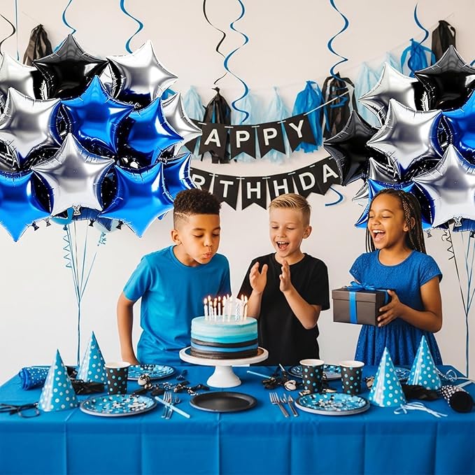 TONIFUL 15Pcs 18 Inch Large Navy Blue Silver Black Star Shape Foil Balloons Big Stars Helium Mylar Ballons for Birthday Wedding Bridal Shower Anniversary Engagement Party Decorations Supplies