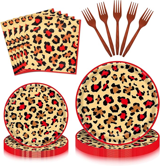 100 Pcs Leopard Print Tableware Party Supplies - Disposable Animal Print Dinnerware Set with Paper Plates,Napkins for Safari Theme,Jungle Birthday Party - Serves 25